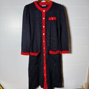 VINTAGE:  Allison J Sweater Dress Black & Red Gold Buttons Front Pockets